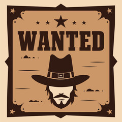 Retro wanted poster illustration featuring a mysterious cowboy silhouette, evoking wild west law, justice, crime, and bounty concepts.