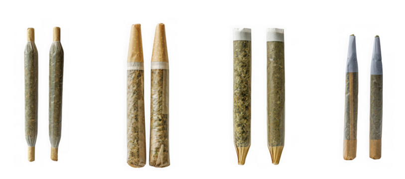 Various prerolled cannabis or cbd joints and blunts, showcasing different styles and preparations, isolated on transparent background