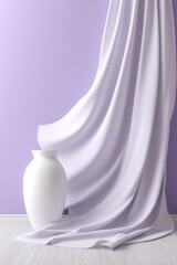 White vase and flowing drapery against a lavender wall.