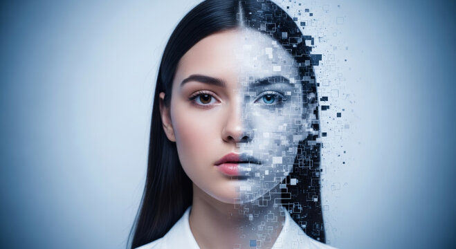 Serious woman face for deepfake detection concept. Artificial intelligence technology creating virtual portrait