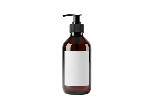 Amber glass pump bottle with blank white label, isolated on black isolated on transparent background