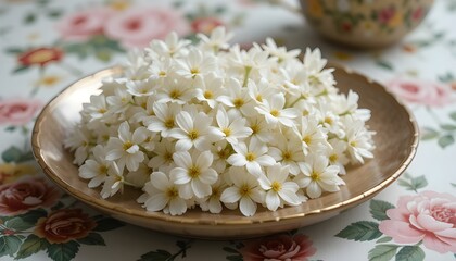 Close-up photo of delicate white flowers on a plate with blurred floral background