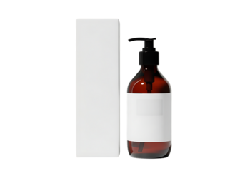 Amber glass dispenser bottle with white box product packaging mock-up isolated on transparent background