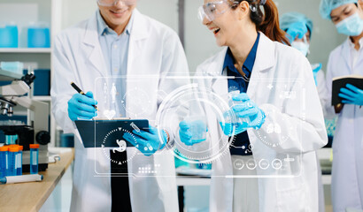 Laboratory team analyzing samples with digital science icons, biotech tools, and research equipment.