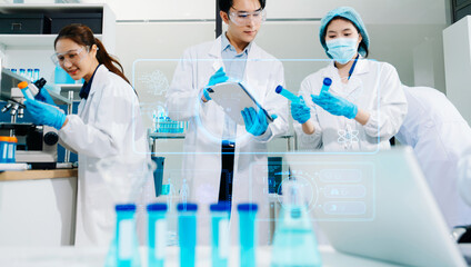 Laboratory team analyzing samples with digital science icons, biotech tools, and research equipment.