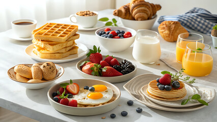 Breakfast collection including waffles, pancakes, croissants, eggs, fruits, and fresh juice on a bright morning table