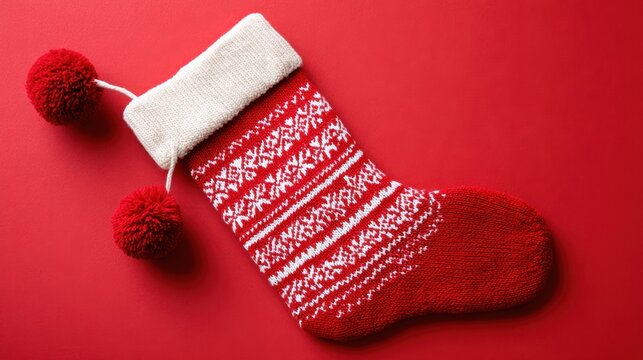 Festive red Christmas stocking with traditional white Nordic design and fluffy pom-poms, perfect for holiday decorations and gift-giving during the winter season - Powered by Adobe
