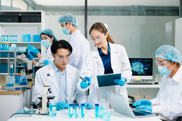A scientific research team collaborating in a modern laboratory, conducting experiments, analyzing samples, and using advanced lab equipment