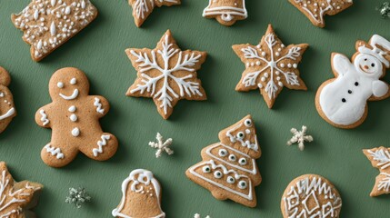 Overhead flat lay of various Christmas gingerbread cookies including snowflakes, trees, and a snowman on a green background, perfect for holiday celebrations and festive baking inspiration