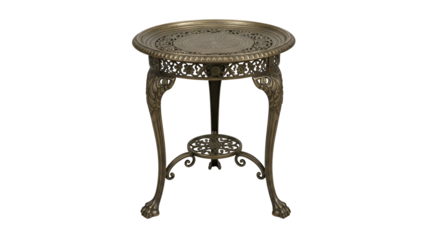 Ornate bronze side table featuring a round top with intricate carved details and clawed feet