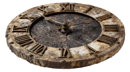 Ancient reverse-clock with shadowed metal hands, Transparent background, PNG file
