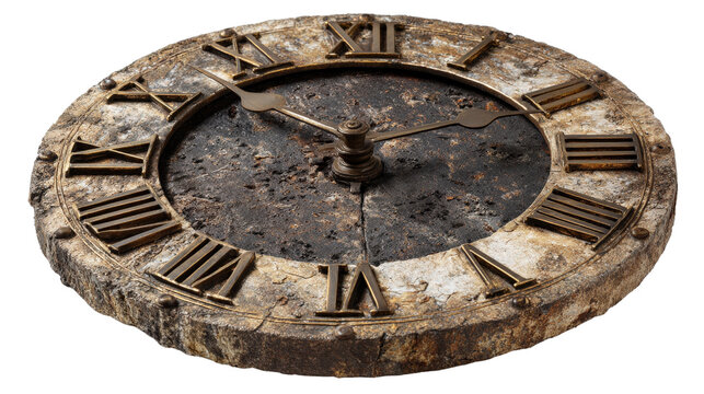 Ancient reverse-clock with shadowed metal hands, Transparent background, PNG file