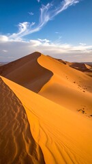 Aerial view of expansive sand dunes under a vibrant blue sky with wispy clouds during golden hour. The sunlight casts long shadows
