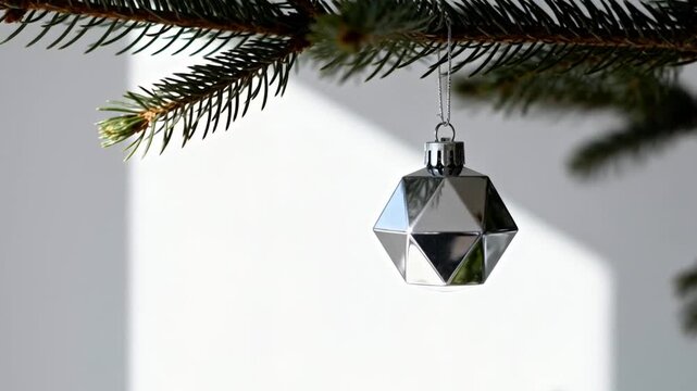 modern minimalist Christmas decor, a single stylish geometric ornament hanging from a branch