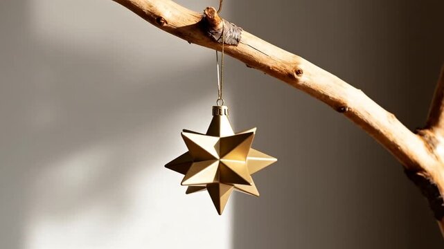 modern minimalist Christmas decor, a single stylish geometric ornament hanging from a branch