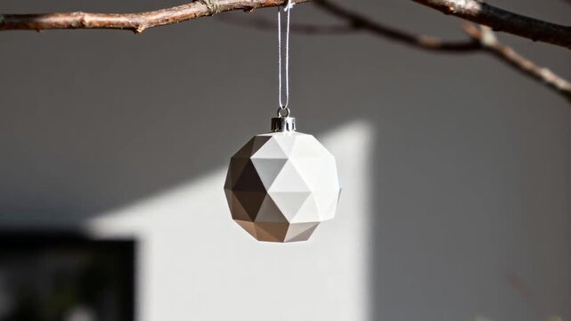 modern minimalist Christmas decor, a single stylish geometric ornament hanging from a branch
