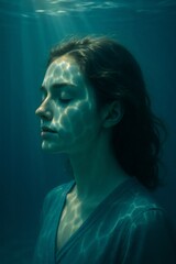 Woman experiencing peace, meditating in deep water