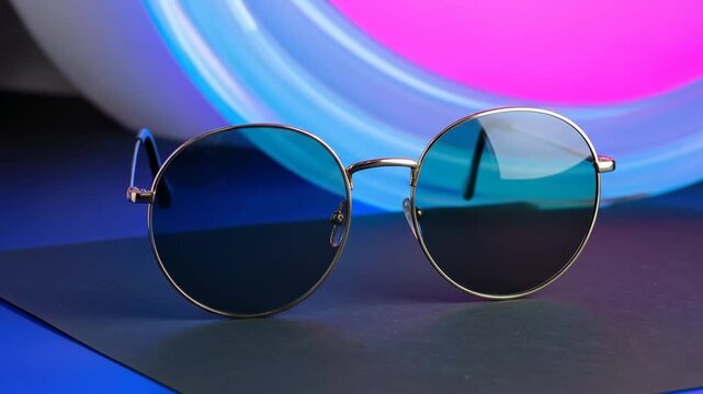 Close-up of stylish round sunglasses with gold frames against a gradient purple and blue backdrop