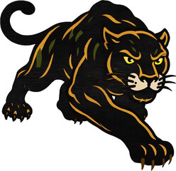 Obraz premium Traditional tattoo panther lunging aggressively with green accents and bold yellow outlines.