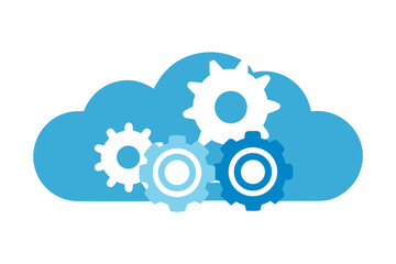 Abstract illustration of interconnected gears within a stylized blue cloud symbolizing cloud computing and operational processes