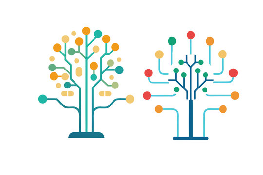 Two stylized digital trees with colorful circular nodes and branching circuit board pathways against a black background representing technology and growth