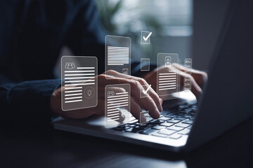 Digital Business Background: Businessman using laptop, Secure Access, Smart Analytics, and Automated Workflow