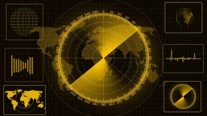 abstract colorful HUD radar animation. colorful sonar radar screen searching an object with line digital technology background. Futuristic HUD Navigation monitor, Sonar Detect Battleship. - Powered by Adobe