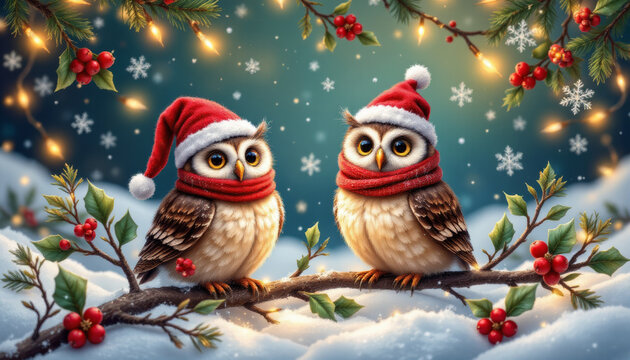 Two cute owls wearing red Santa hats and scarves sitting on snowy branch with holly berries and glowing lights creating festive winter scene