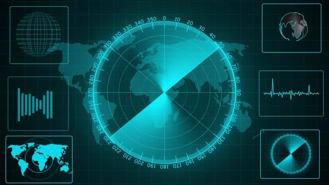 abstract colorful HUD radar animation. colorful sonar radar screen searching an object with line digital technology background. Futuristic HUD Navigation monitor, Sonar Detect Battleship.