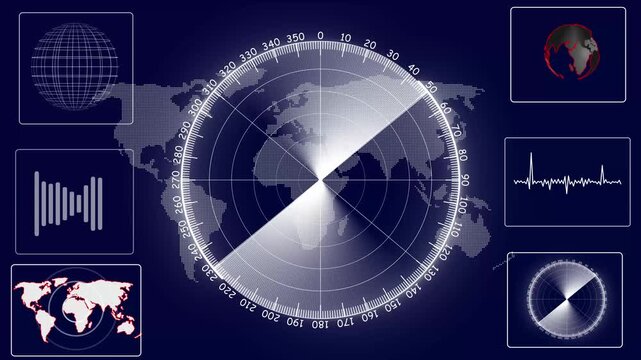 abstract colorful HUD radar animation. colorful sonar radar screen searching an object with line digital technology background. Futuristic HUD Navigation monitor, Sonar Detect Battleship.