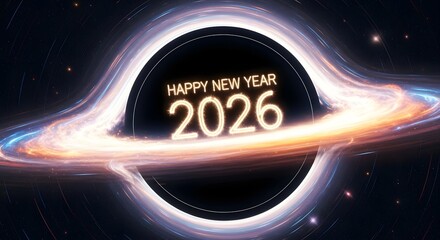 Happy new year black hole galaxy space cosmic event horizon gravity light futuristic celebration two zero two six