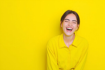 Joyful young woman laughing heartily with closed eyes against vibrant yellow backdrop, radiating positivity and happiness for lifestyle and wellness campaigns