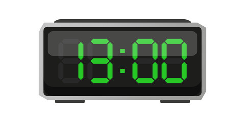 Digital alarm clock. Thirteen hours time. Time 13 00. Green numbers vector. Electronic LED display.