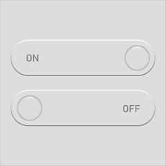 Toggle switches interface. ON OFF minimal text. Neumorphic buttons Vector. Status control element.