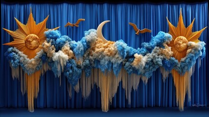A whimsical, artistic backdrop featuring a golden sunburst, a crescent moon, fluffy clouds in blue and beige, and two silhouetted birds flying against a deep bl