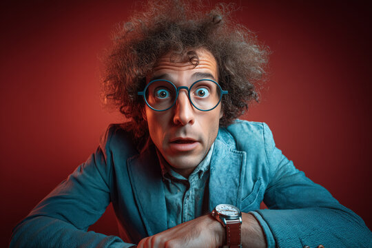 Surprised man with glasses looks on with wide eyes and shocked expression, wondering what's next with a modern stylish jacket and watch on a red backdrop