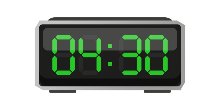Digital alarm clock. Four thirty time. Time 04 30. Green numbers vector. Electronic LED display.