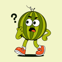 A cartoon watermelon ponders a question with curiosity shown