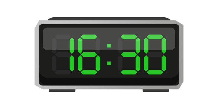 Digital alarm clock. Sixteen thirty time. Time 16 30. Green numbers vector.