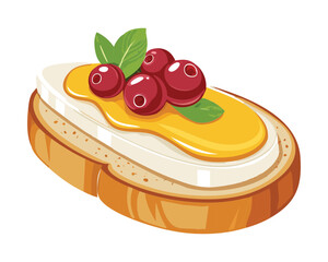 Rustic Crostini Appetizer topped with a Layer of Creamy Cheese, Sweet Honey, and Bright Red Cranberries on a Slice of Toasted Bread - Vector Illustration