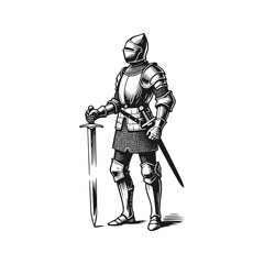 Obraz premium A knight on guard with his sword. Black white vector illustration.