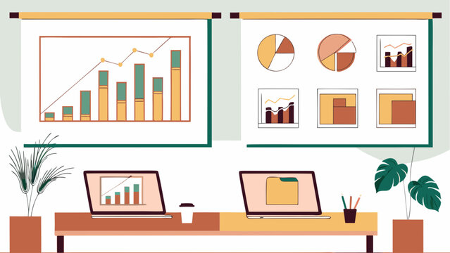 Illustration of office space with laptops and presentation boards displaying charts and graphs in the room