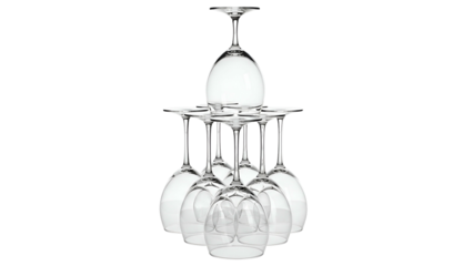 Wine glasses stacked in a pyramid shape, floating against a solid black background