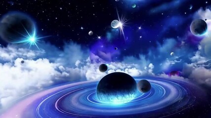 A breathtaking cinematic flythrough of a glowing ringed planet surrounded by multiple moons, floating in a vast galactic space filled with nebula clouds and vibrant starlight - Powered by Adobe