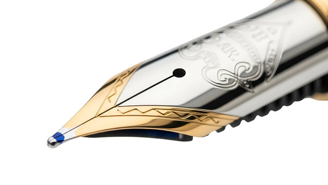 Close-up of a fountain pen nib with ornate engravings, gold trim, and blue ink