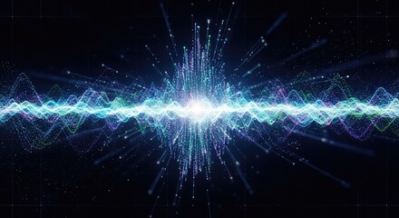Fototapeta premium Vibrant energy waves with glowing particles create a dynamic digital soundscape perfect for tech, music, or science projects with a modern and futuristic feel