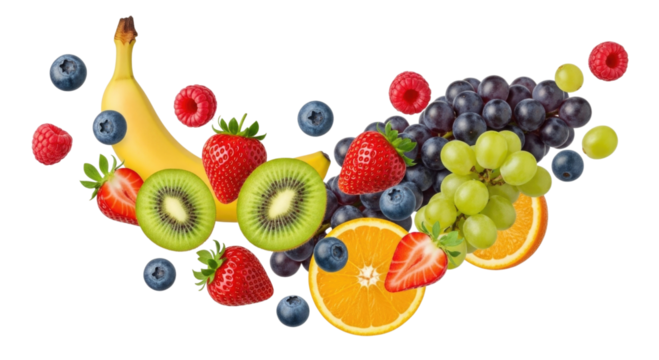 Assortment of fresh fruits on a black background transparent background cutout png
