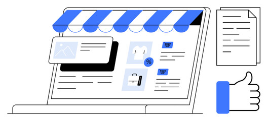 Online shopping concept. Online shopping a digital storefront, e-commerce icons, and purchase details. Online shopping for retail, business, digital marketing, UX design, and analytics visualization
