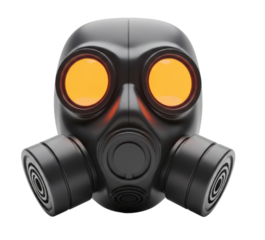 Gas mask with glowing orange eyes transparent background cutout png