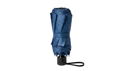 Compact, folded navy blue umbrella with water droplets against a black background